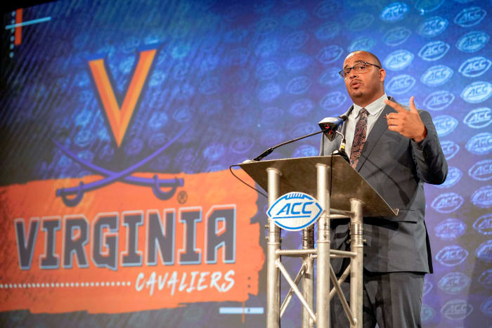 Virginia Head Coach Tony Elliott talks to the media during the second day of ACC Media Days at the Westin Hotel in Charlotte, NC.